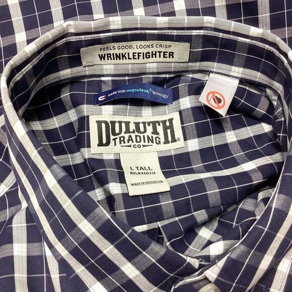 Duluth Trading Co Shirt Mens L Tall Blue Plaid Magnet Wrinkle Fighter Magnaready - Picture 8 of 9